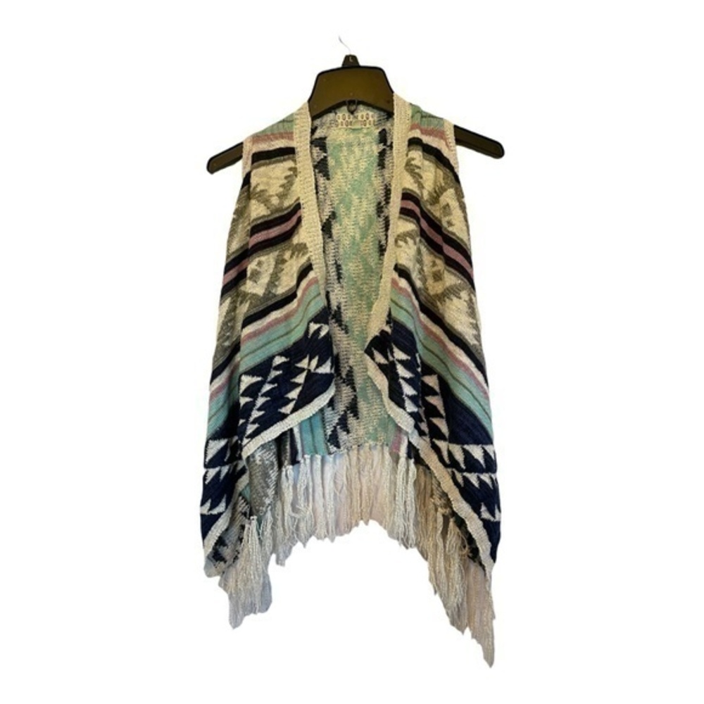 Pink Republic Womens Multicolor Aztec Fringe Cardigan Wrap Sweater Size XS